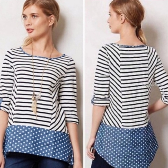 Anthro Postmark Fairley hi lo top stripes Chambray Women's Small White Blue - Picture 1 of 5